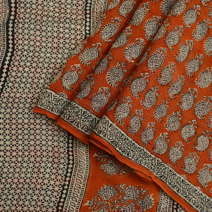 Indian Vintage Sari Orange & Brown Pure Chiffon Silk Printed Sarees Craft Fabric Sewing 5Yard Soft Light Sari Dress Making Quilting