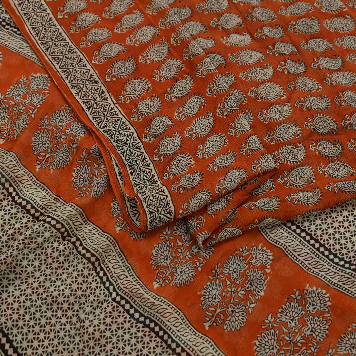 Indian Vintage Sari Orange & Brown Pure Chiffon Silk Printed Sarees Craft Fabric Sewing 5Yard Soft Light Sari Dress Making Quilting