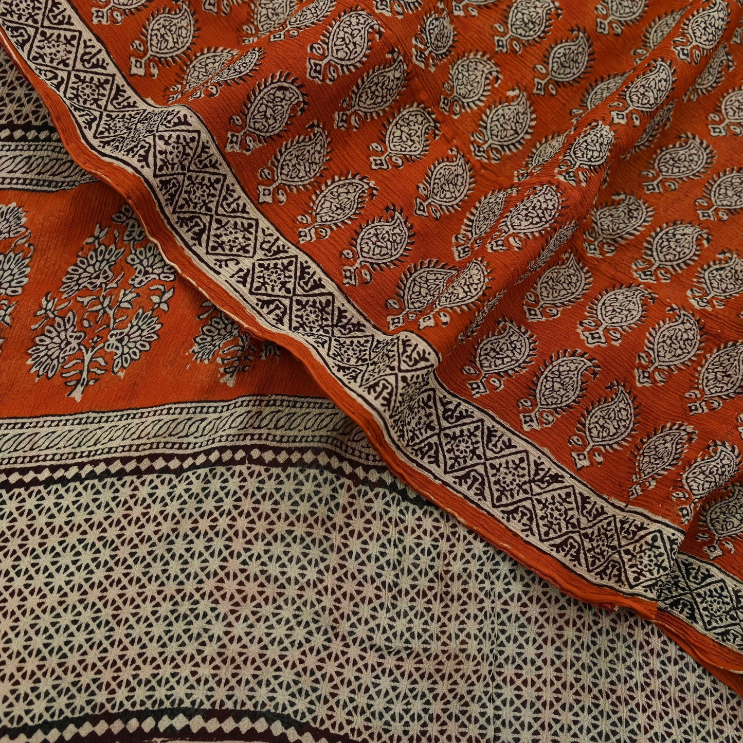 Indian Vintage Sari Orange & Brown Pure Chiffon Silk Printed Sarees Craft Fabric Sewing 5Yard Soft Light Sari Dress Making Quilting