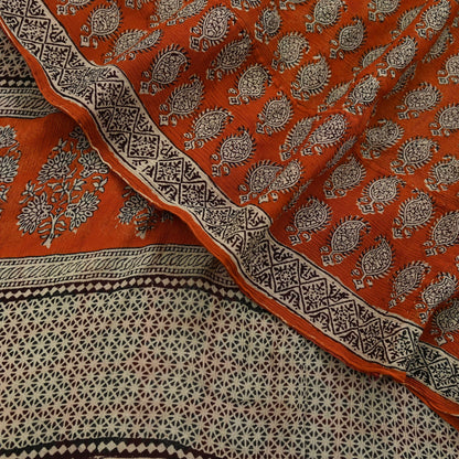 Indian Vintage Sari Orange & Brown Pure Chiffon Silk Printed Sarees Craft Fabric Sewing 5Yard Soft Light Sari Dress Making Quilting