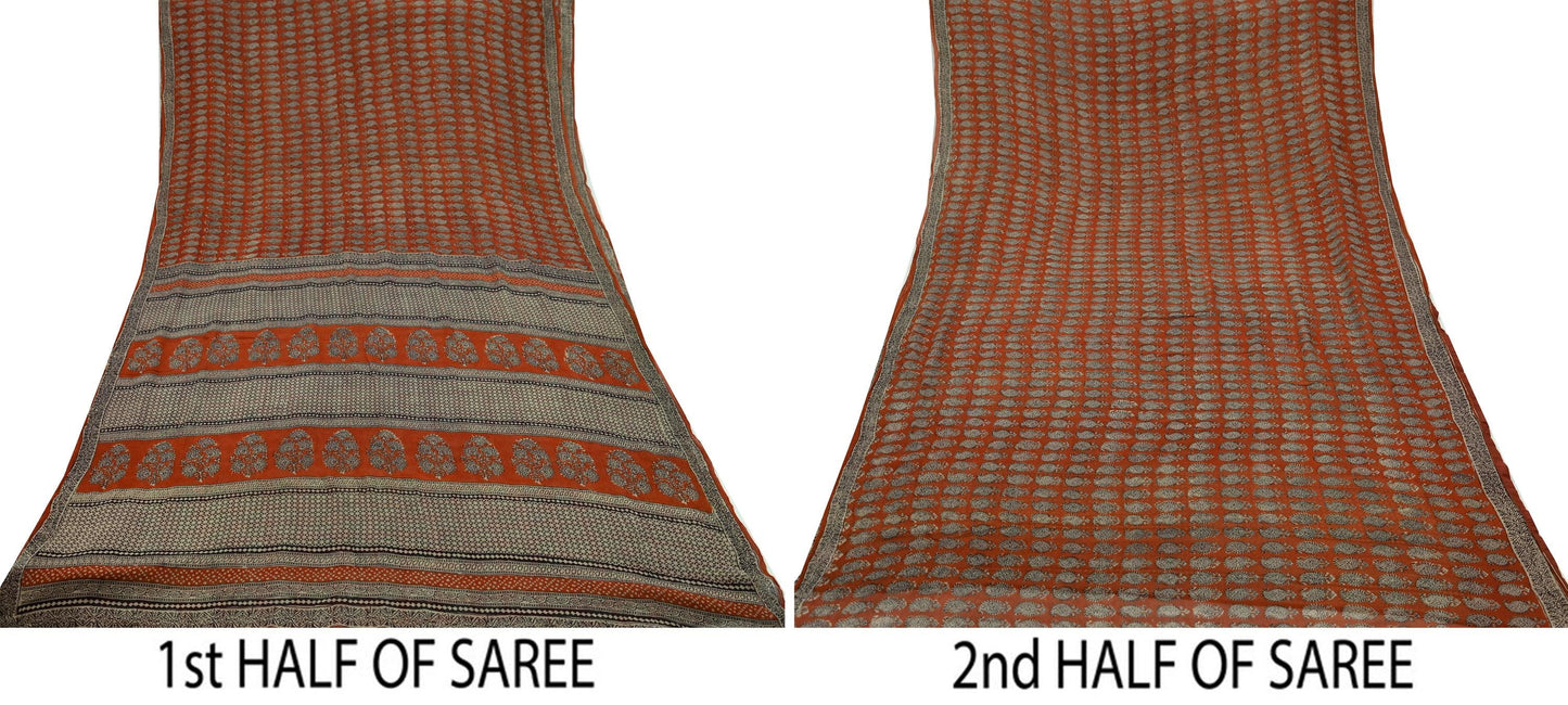 Indian Vintage Sari Orange & Brown Pure Chiffon Silk Printed Sarees Craft Fabric Sewing 5Yard Soft Light Sari Dress Making Quilting