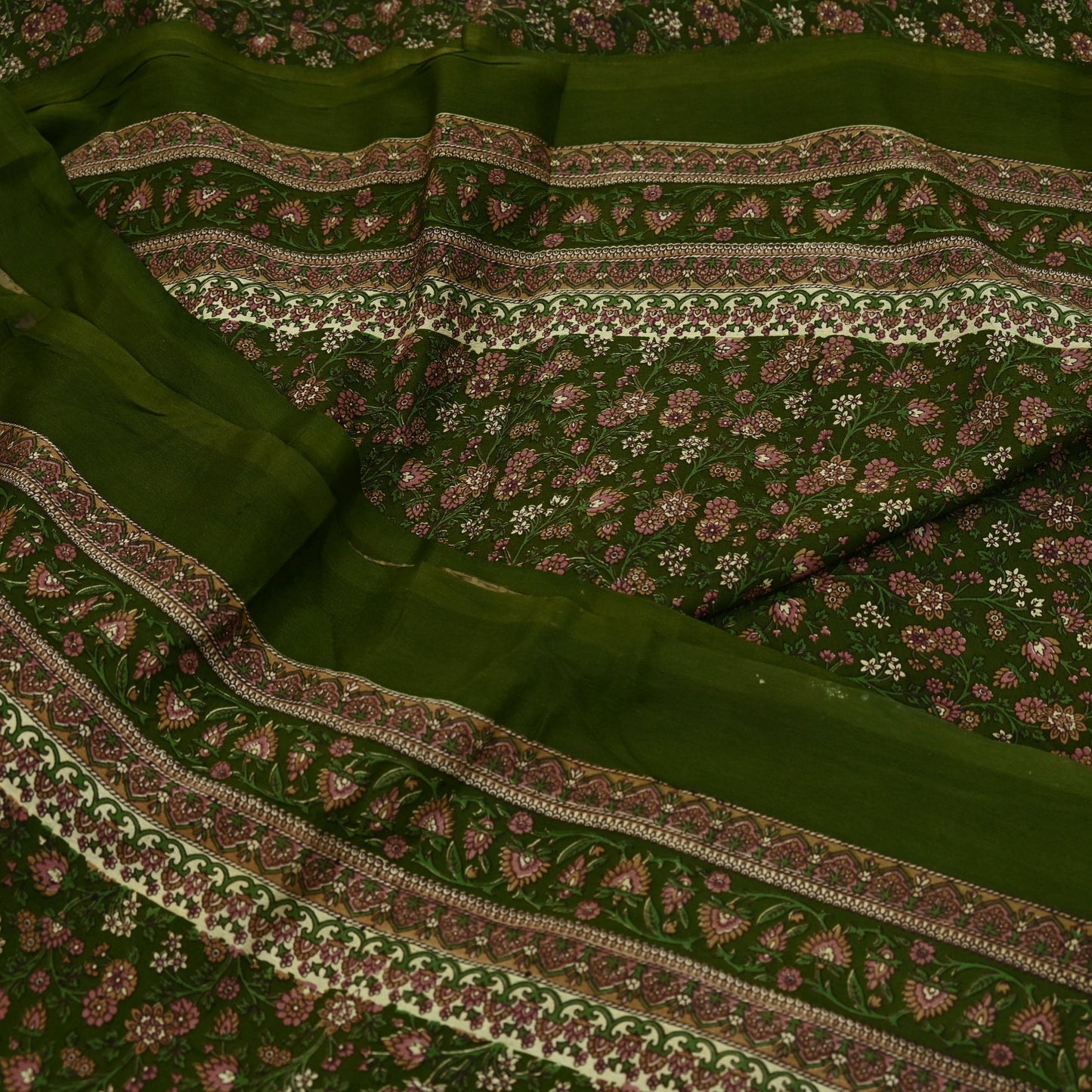Indian Vintage Sari Green Pure Silk Printed Sarees 6yd Sewing Craft Fabric Dress Making  Soft Floral Wrap Upcycle Used Quilting Crafting