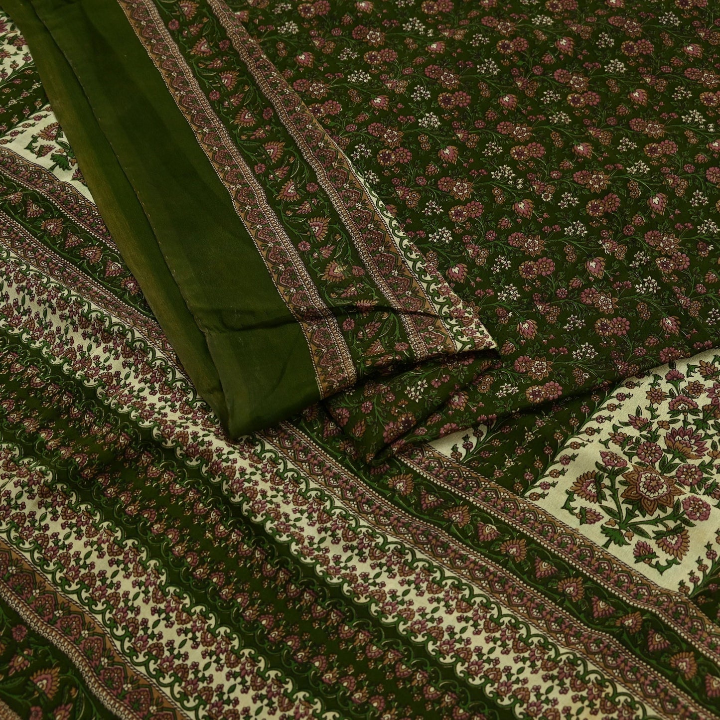 Indian Vintage Sari Green Pure Silk Printed Sarees 6yd Sewing Craft Fabric Dress Making  Soft Floral Wrap Upcycle Used Quilting Crafting