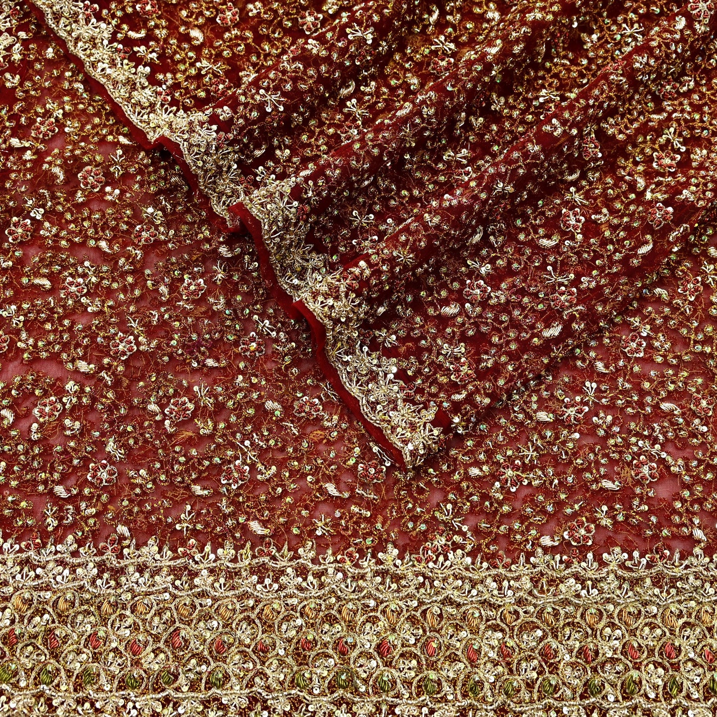 Indian Vintage Heavy Wedding Maroon Dupatta Net Mesh Long Stole Hand Embroidered Scarves Golden Zardozi Zari Sequins Dridal Veil Hijab