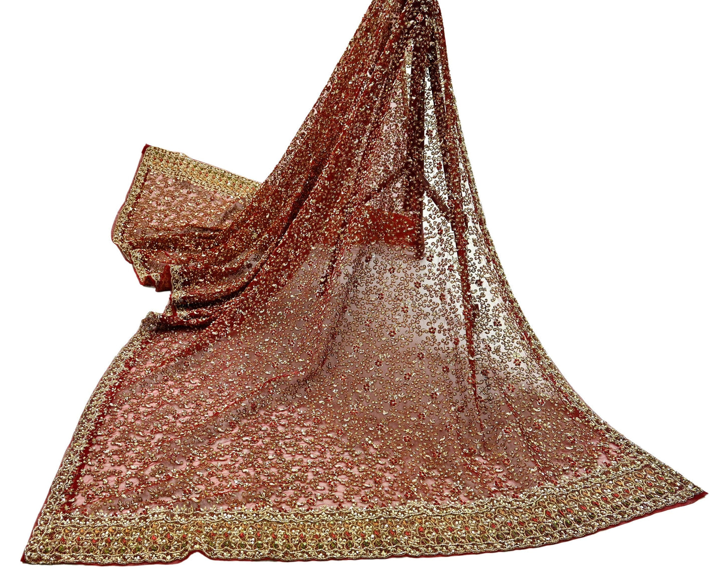 Indian Vintage Heavy Wedding Maroon Dupatta Net Mesh Long Stole Hand Embroidered Scarves Golden Zardozi Zari Sequins Dridal Veil Hijab