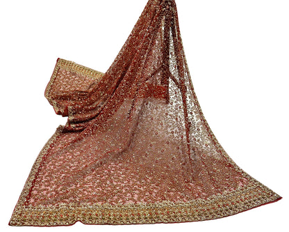 Indian Vintage Heavy Wedding Maroon Dupatta Net Mesh Long Stole Hand Embroidered Scarves Golden Zardozi Zari Sequins Dridal Veil Hijab