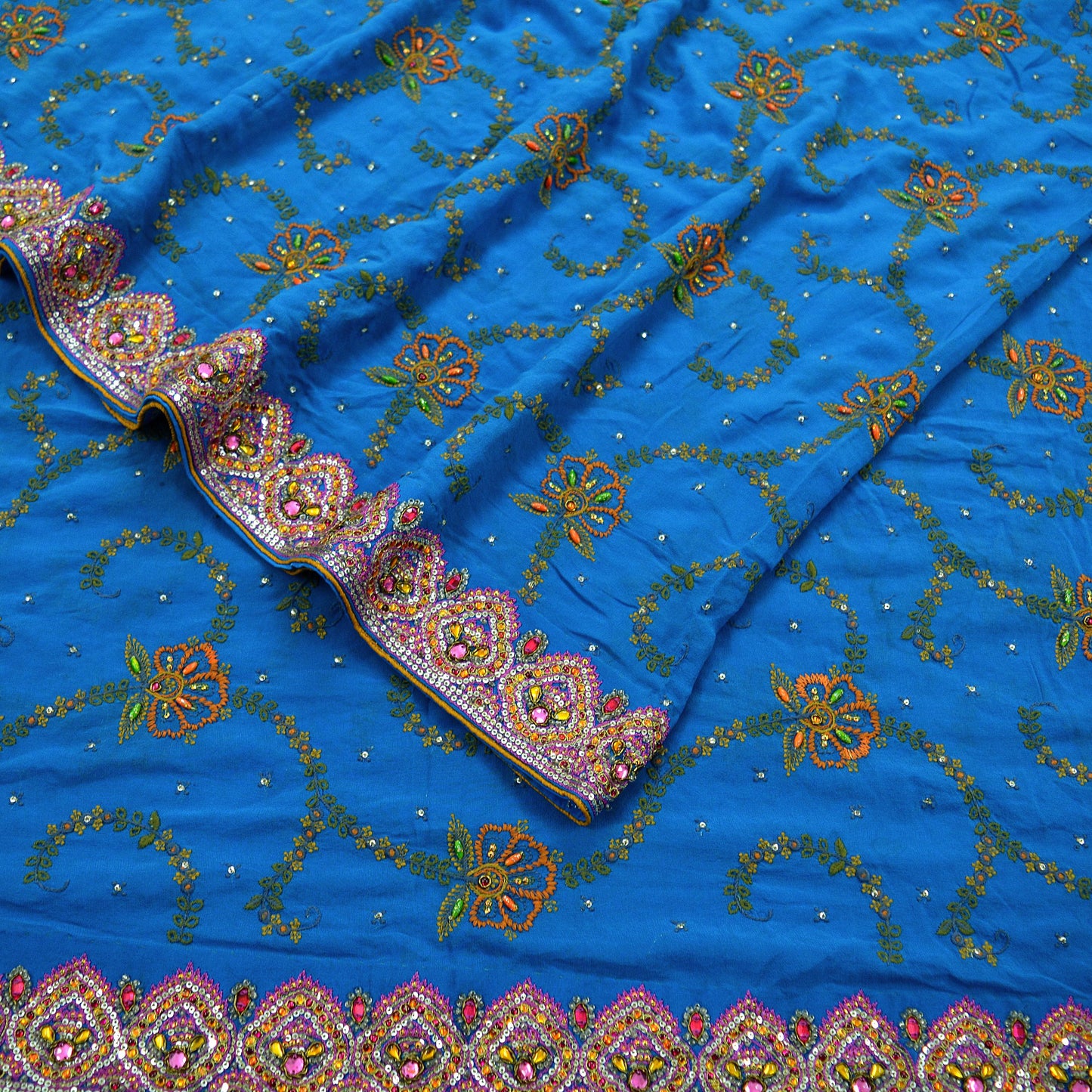 Indian Vintage Heavy Sari Blue Pure Georgette Silk Hand Beaded Sarees Craft Fabric 5Yd Sewing Dress Making Ethnic Wedding Sarees Crafting