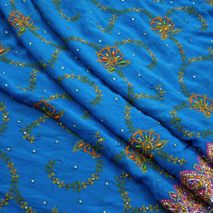 Indian Vintage Heavy Sari Blue Pure Georgette Silk Hand Beaded Sarees Craft Fabric 5Yd Sewing Dress Making Ethnic Wedding Sarees Crafting