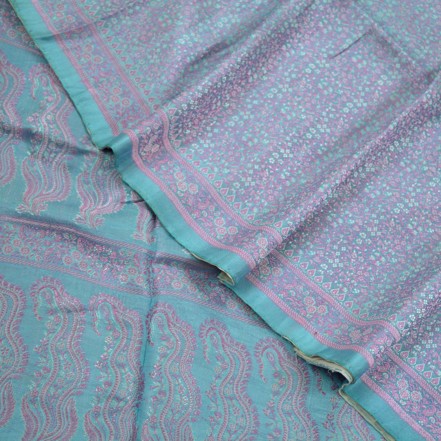 Indian Vintage Sari Blue Heavy Pure Satin Silk Hand Woven Tanchoi Sarees Ethnic Wear 5Yd Paisley Craft Fabric Dress Making Crafting