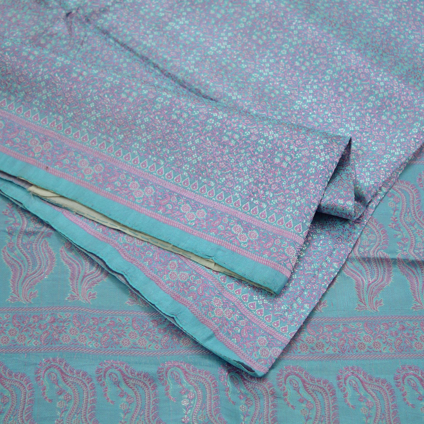 Indian Vintage Sari Blue Heavy Pure Satin Silk Hand Woven Tanchoi Sarees Ethnic Wear 5Yd Paisley Craft Fabric Dress Making Crafting