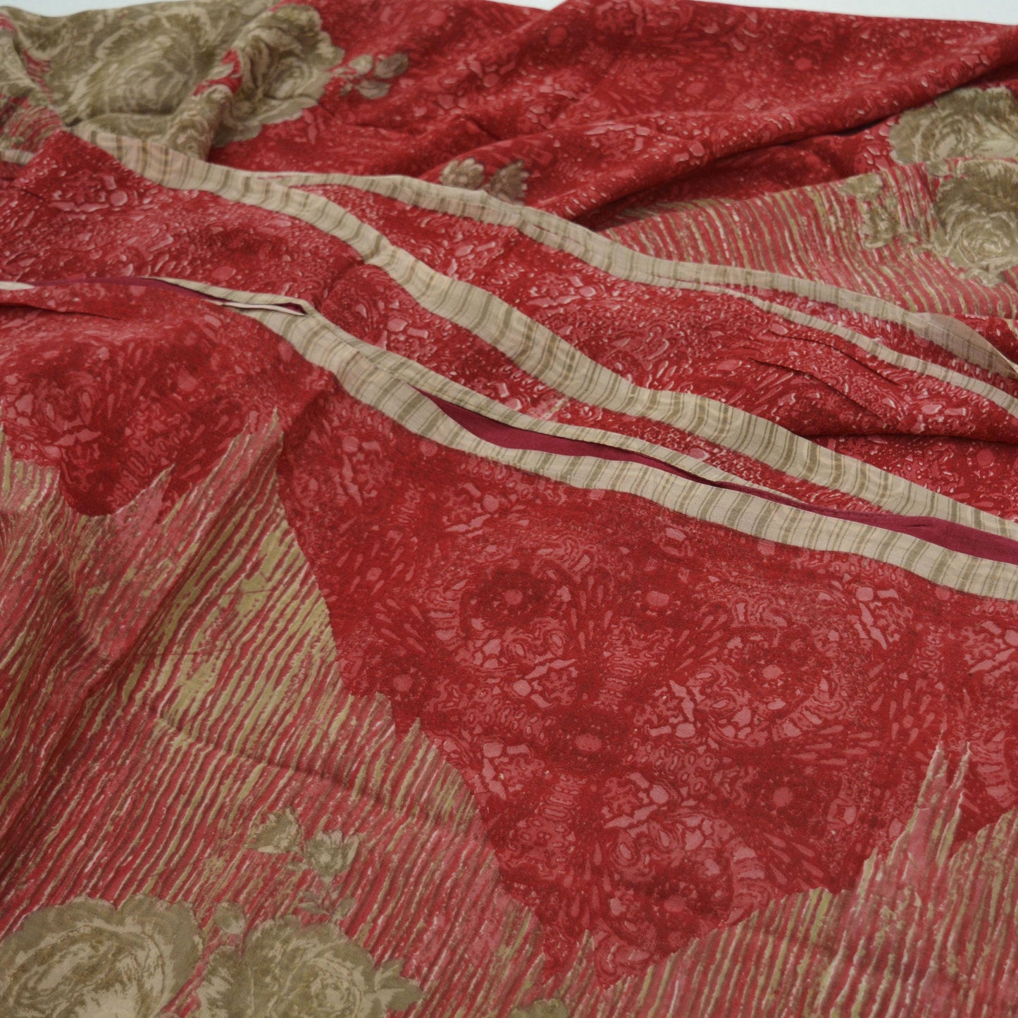 Indian Vintage Beige & Red Saree Pure Crepe Silk Printed Sari Craft Fabric 5yd Sewing Soft Ethnic Wrap Dress making Crafting