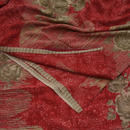 Indian Vintage Beige & Red Saree Pure Crepe Silk Printed Sari Craft Fabric 5yd Sewing Soft Ethnic Wrap Dress making Crafting