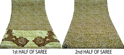 Indian Vintage Sari Ivory & Brown Pure Crepe Silk Printed Sarees 5yd Sewing Abstract Soft Craft Fabric Wrap quilting Crafting Dress making