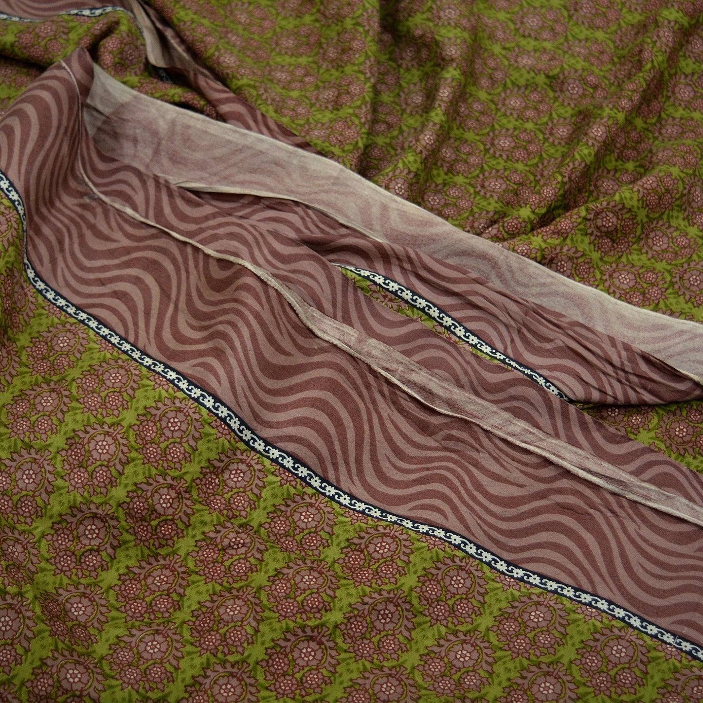 Indian Vintage Sari Brown & Green 100% Pure Silk Printed Sarees Craft Fabric 6yd Sewing Dress Making Soft Wrap Crafting Quilting