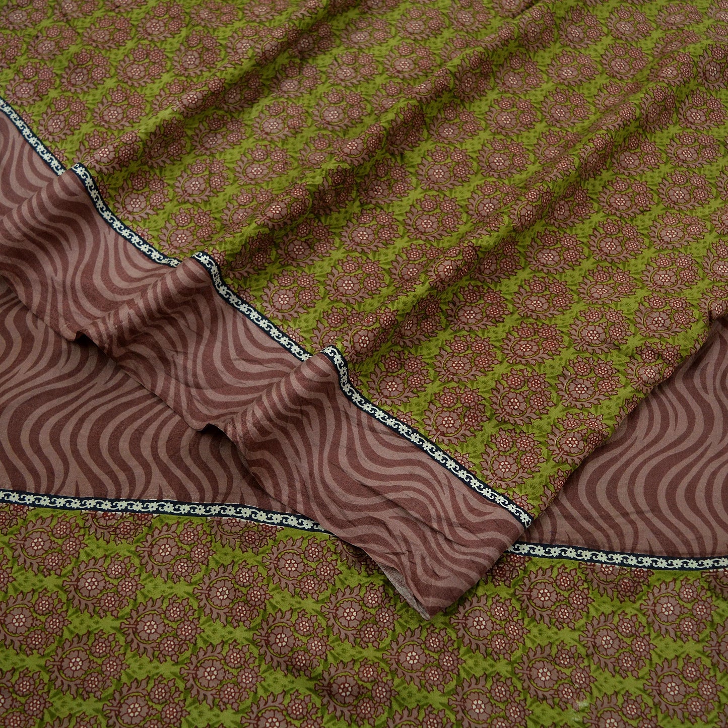 Indian Vintage Sari Brown & Green 100% Pure Silk Printed Sarees Craft Fabric 6yd Sewing Dress Making Soft Wrap Crafting Quilting