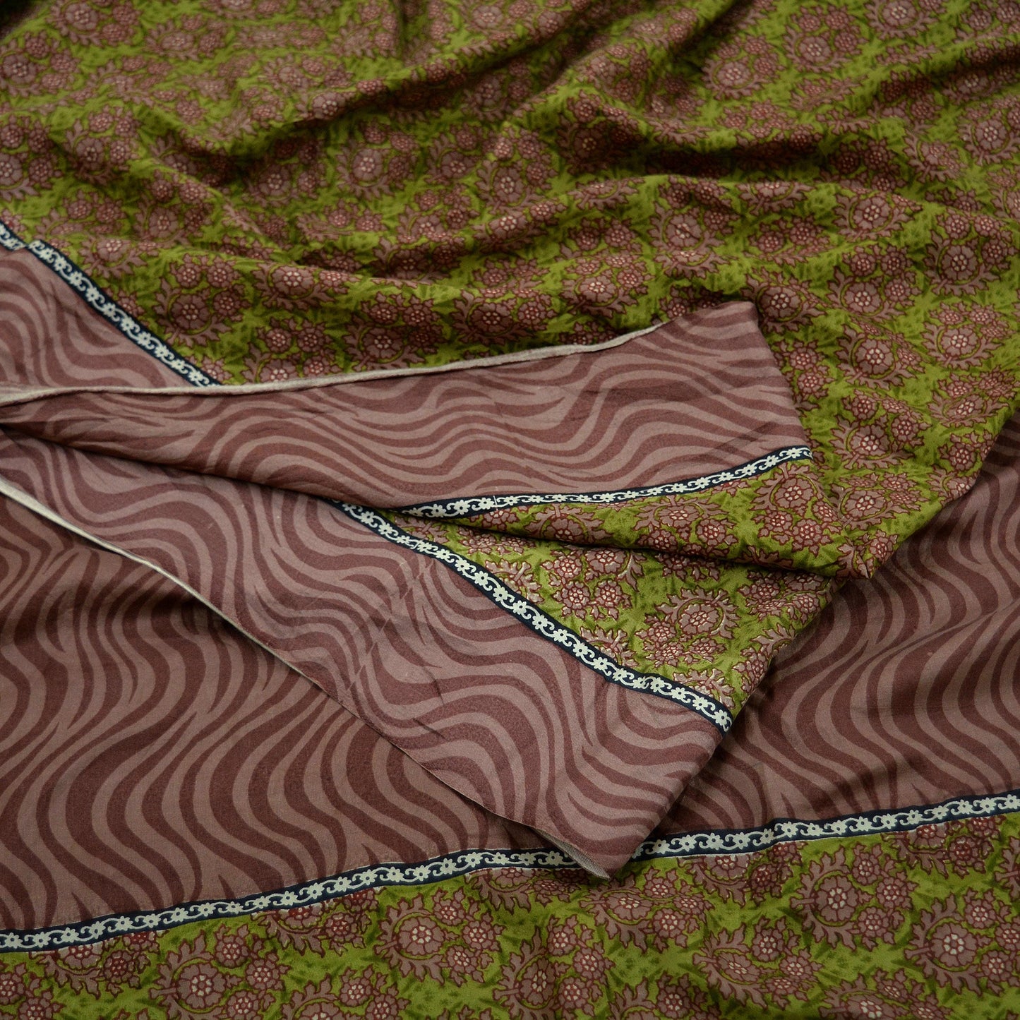 Indian Vintage Sari Brown & Green 100% Pure Silk Printed Sarees Craft Fabric 6yd Sewing Dress Making Soft Wrap Crafting Quilting