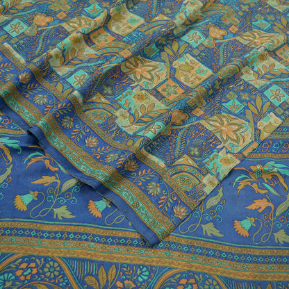 Indian Vintage Sari Beige & Blue Pure Silk Printed Sarees Craft Fabric 6yd Sewing Dress Making Soft Floral Crafting Quilting Upcycle