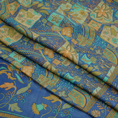 Indian Vintage Sari Beige & Blue Pure Silk Printed Sarees Craft Fabric 6yd Sewing Dress Making Soft Floral Crafting Quilting Upcycle