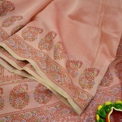 Indian Vintage Peach Saree 100% Pure Silk Printed Sari Craft Fabric Soft 5yd Sewing Dress Making  Soft Floral Crafting Quilting Upcycle