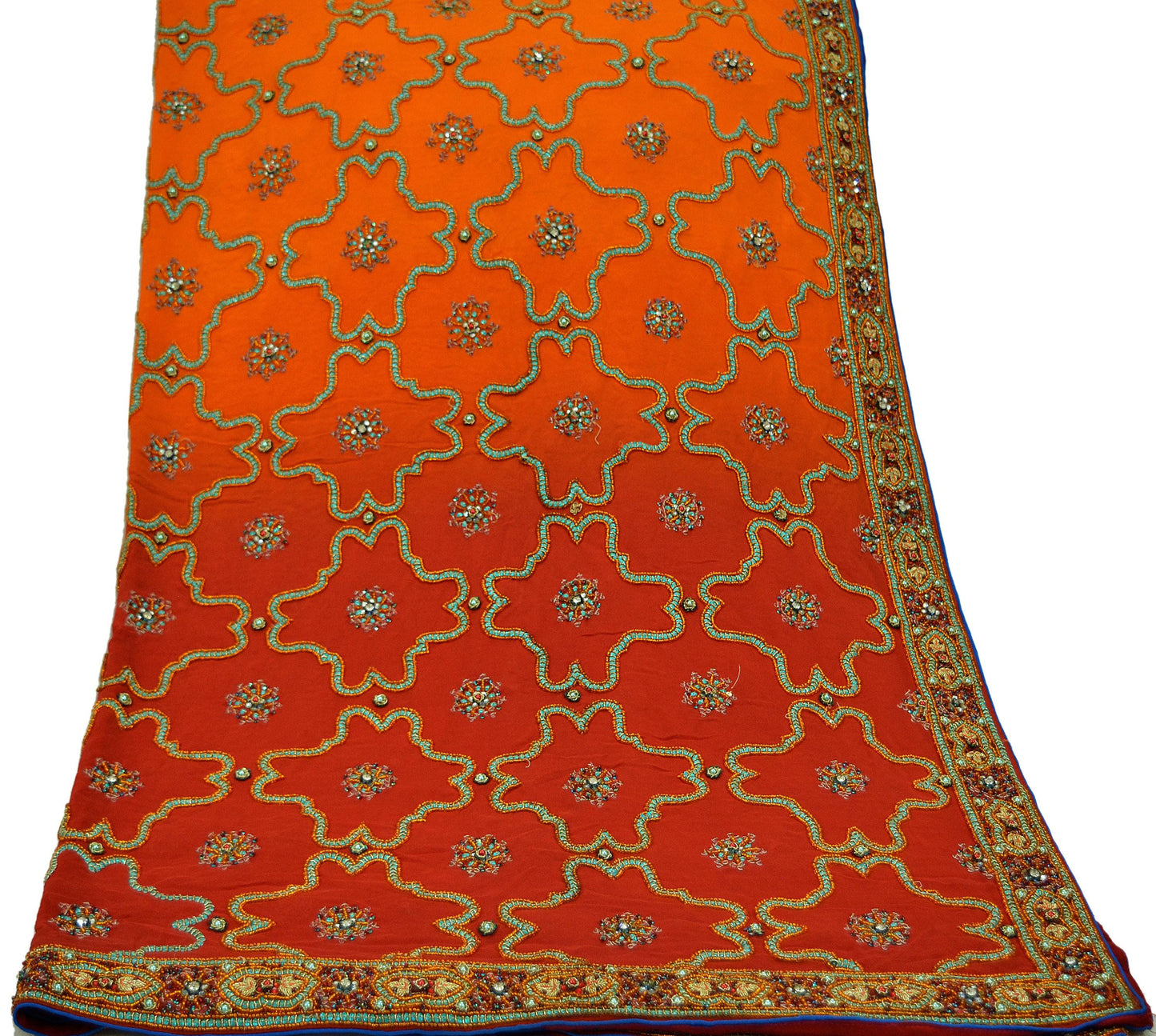 Indian Vintage Heavy Bridal Dupatta Red & Orange Pure Georgette Silk Long Stole Hand Embroidered Scarf Zardozi/Dabka Zari Wedding/Party