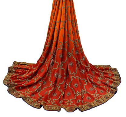 Indian Vintage Heavy Bridal Dupatta Red & Orange Pure Georgette Silk Long Stole Hand Embroidered Scarf Zardozi/Dabka Zari Wedding/Party