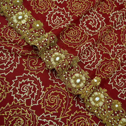 Indian Vintage Heavy Sarees Red Pure Georgette Silk Hand Embroidered Sari Fabric 5Yd Sewing Ethnic Zardozi/dabka zari Wedding sarees