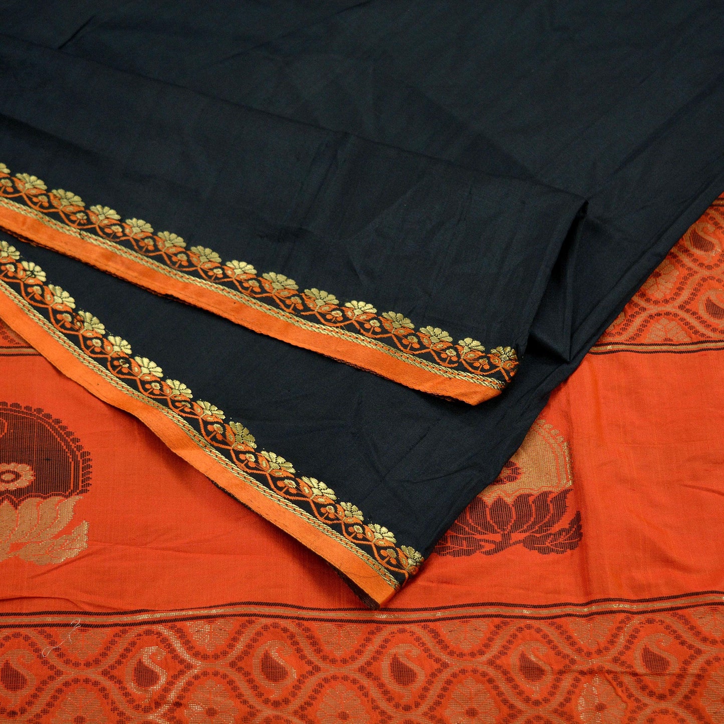 Indian Vintage Sari Orange & Black Mysore Silk Woven Sarees Fabric 5Yd Sari Ethnic Golden Zari Paisley Craft Fabric Dress making Quilting