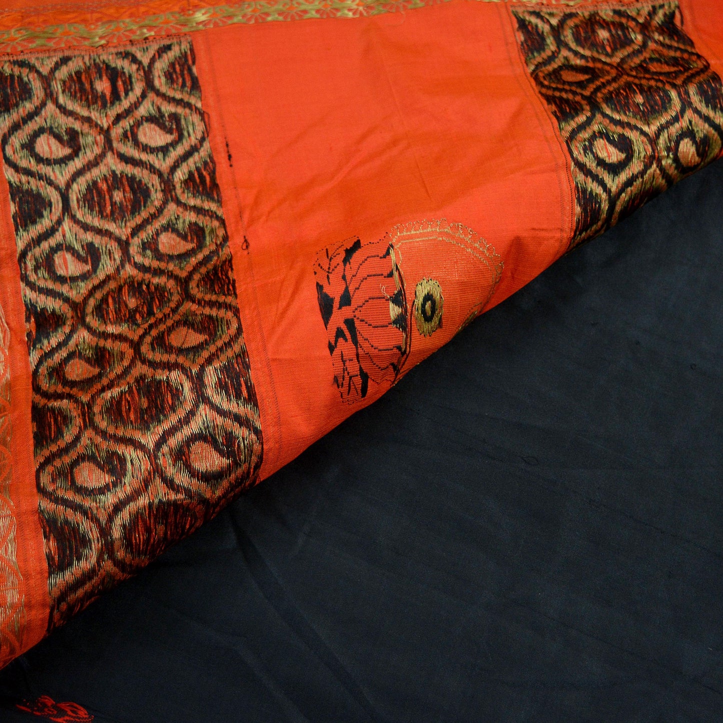 Indian Vintage Sari Orange & Black Mysore Silk Woven Sarees Fabric 5Yd Sari Ethnic Golden Zari Paisley Craft Fabric Dress making Quilting