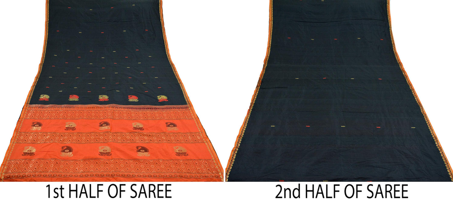 Indian Vintage Sari Orange & Black Mysore Silk Woven Sarees Fabric 5Yd Sari Ethnic Golden Zari Paisley Craft Fabric Dress making Quilting