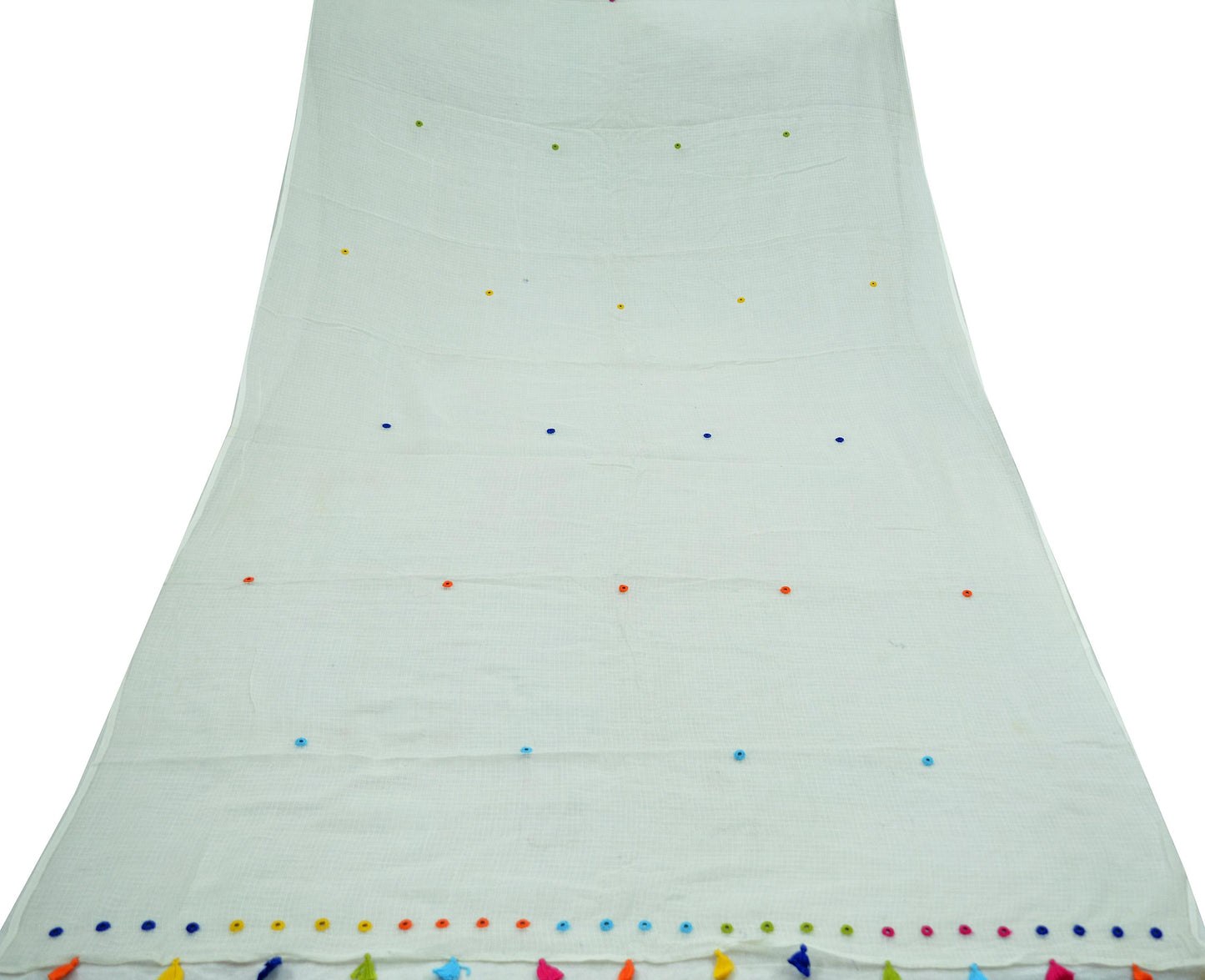 Indian Vintage White Dupatta Long Stole Embroidered Pure Cotton Scarves Veil Mirror Soft Fringes