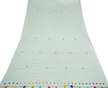 Indian Vintage White Dupatta Long Stole Embroidered Pure Cotton Scarves Veil Mirror Soft Fringes