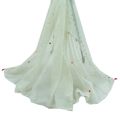 Indian Vintage White Dupatta Long Stole Embroidered Pure Cotton Scarves Veil Mirror Soft Fringes