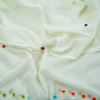 Indian Vintage White Dupatta Long Stole Embroidered Pure Cotton Scarves Veil Mirror Soft Fringes