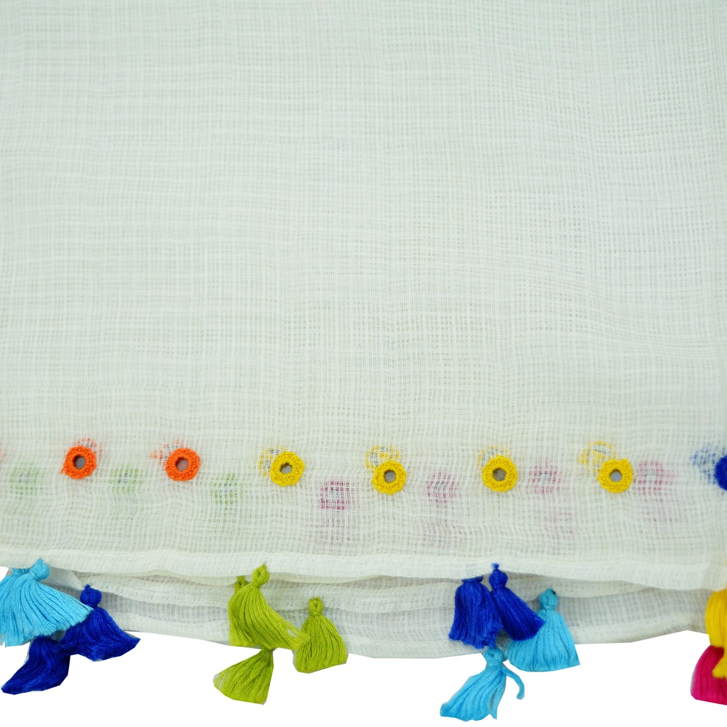 Indian Vintage White Dupatta Long Stole Embroidered Pure Cotton Scarves Veil Mirror Soft Fringes