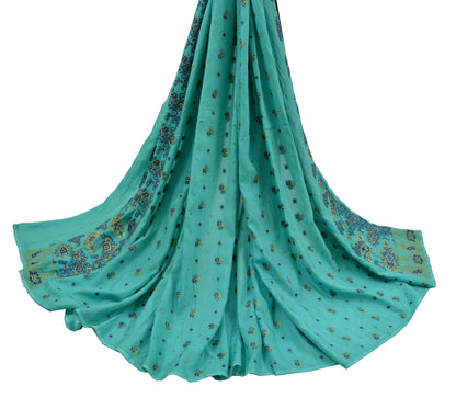 Indian Vintage Green Dupatta Long Stole Pure Silk Hand Woven Scarves Veil Scarf Wrap Floral Zari