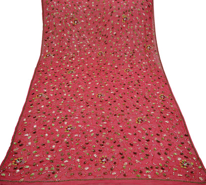 Indian Vintage Pink Dupatta Pure Georgette silk Long Stole Hand Embroidered Scarves Stole Veil Wrap Sequins