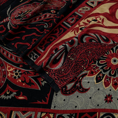 Indian Vintage Sari Black & Red Pure Crepe Silk Printed Saree 5yard Sewing Rose Flower Soft Craft Fabric Wrap
