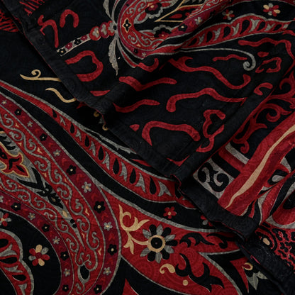 Indian Vintage Sari Black & Red Pure Crepe Silk Printed Saree 5yard Sewing Rose Flower Soft Craft Fabric Wrap