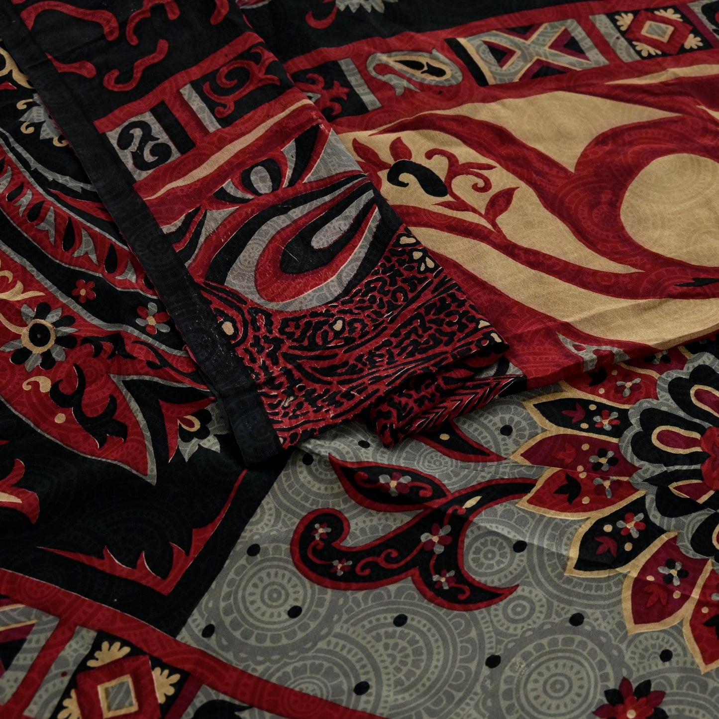 Indian Vintage Sari Black & Red Pure Crepe Silk Printed Saree 5yard Sewing Rose Flower Soft Craft Fabric Wrap