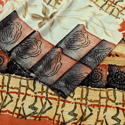 Indian Vintage Sari Orange & Black Pure Crepe Silk Printed Sarees 5yd Sewing Floral Soft Craft Fabric Ethnic Wrap Dress making Crafting