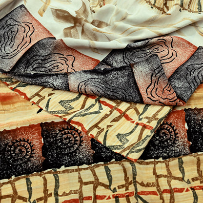 Indian Vintage Sari Orange & Black Pure Crepe Silk Printed Sarees 5yd Sewing Floral Soft Craft Fabric Ethnic Wrap Dress making Crafting