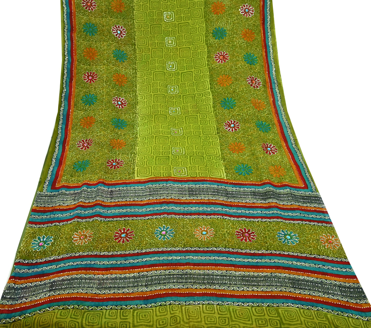 Indian Vintage Green Saree Pure Georgette Silk Hand Embroidered Printed Sari Craft Fabric Sewing 6Yard Soft Light Dress Making Floral