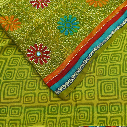 Indian Vintage Green Saree Pure Georgette Silk Hand Embroidered Printed Sari Craft Fabric Sewing 6Yard Soft Light Dress Making Floral