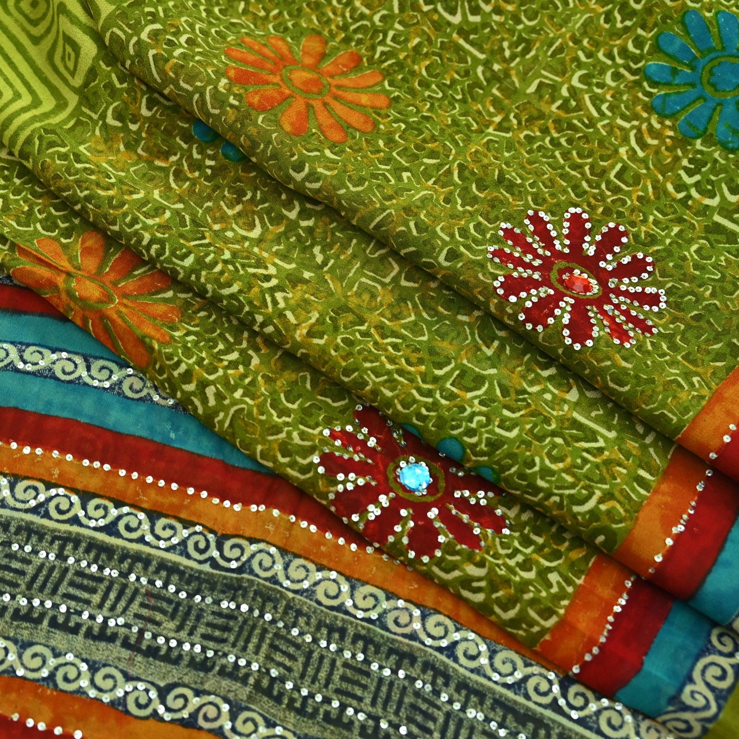 Indian Vintage Green Saree Pure Georgette Silk Hand Embroidered Printed Sari Craft Fabric Sewing 6Yard Soft Light Dress Making Floral