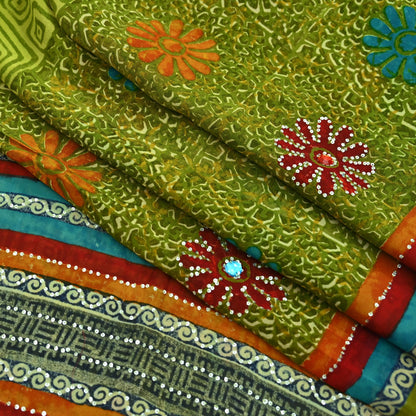 Indian Vintage Green Saree Pure Georgette Silk Hand Embroidered Printed Sari Craft Fabric Sewing 6Yard Soft Light Dress Making Floral