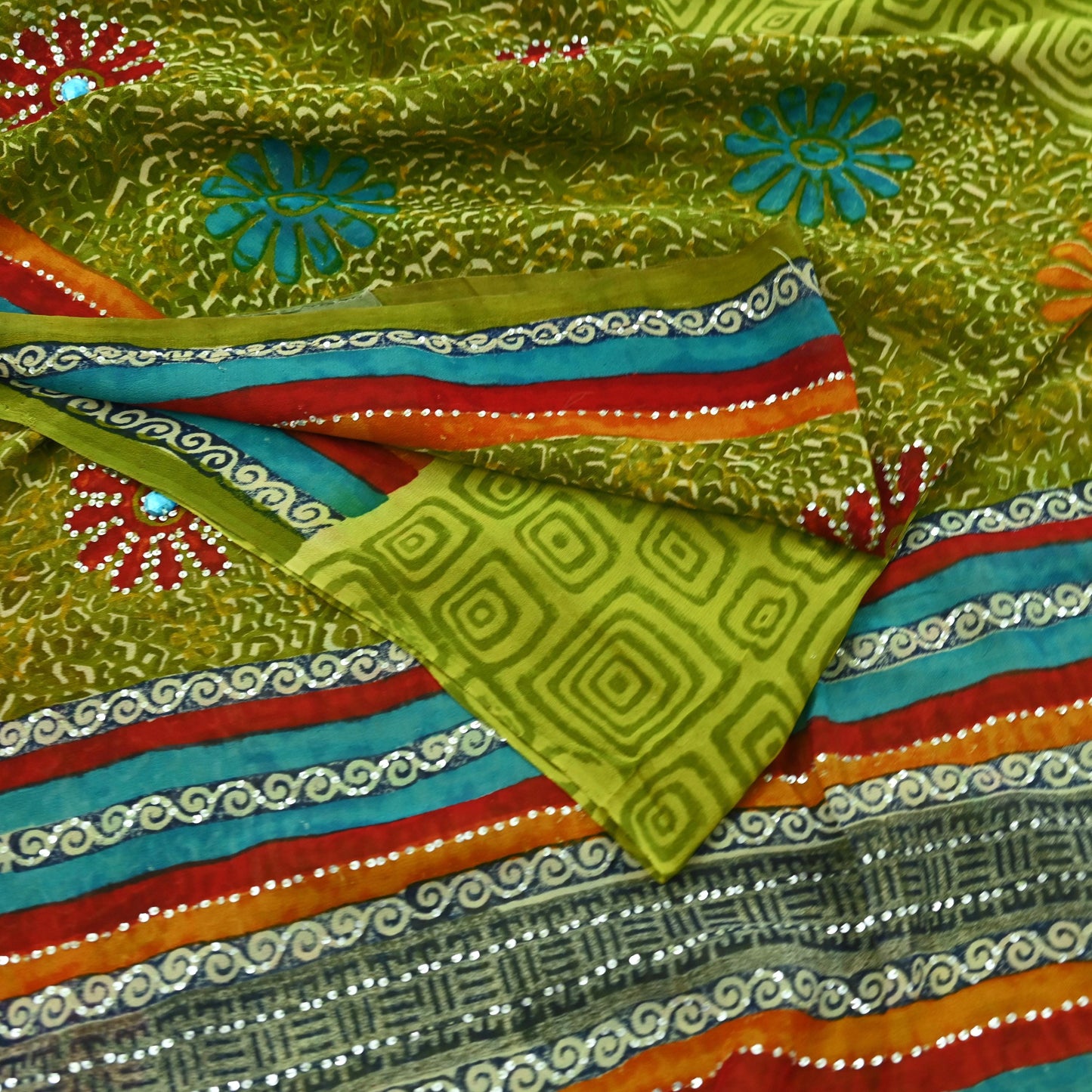Indian Vintage Green Saree Pure Georgette Silk Hand Embroidered Printed Sari Craft Fabric Sewing 6Yard Soft Light Dress Making Floral