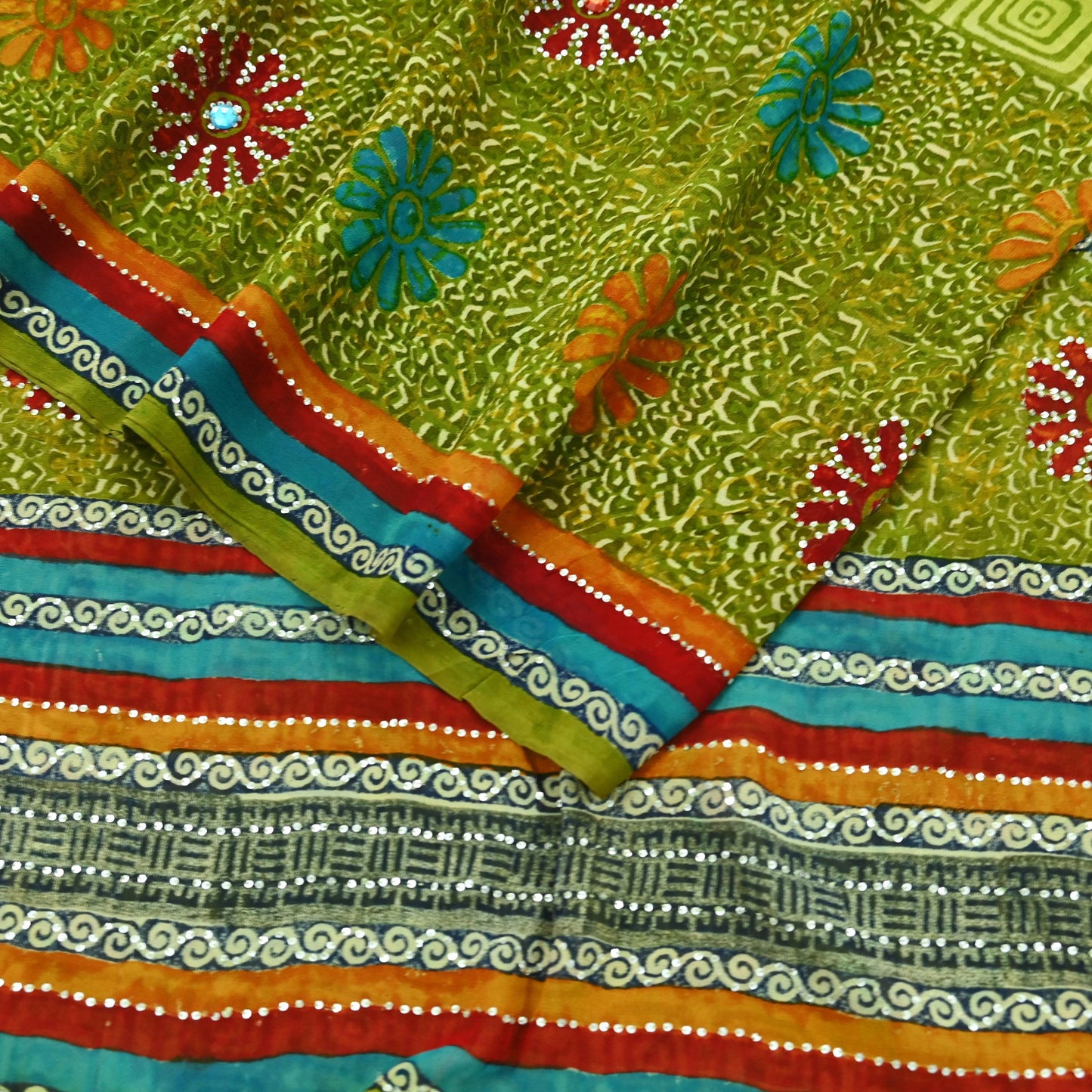 Indian Vintage Green Saree Pure Georgette Silk Hand Embroidered Printed Sari Craft Fabric Sewing 6Yard Soft Light Dress Making Floral