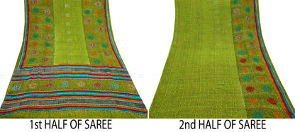 Indian Vintage Green Saree Pure Georgette Silk Hand Embroidered Printed Sari Craft Fabric Sewing 6Yard Soft Light Dress Making Floral