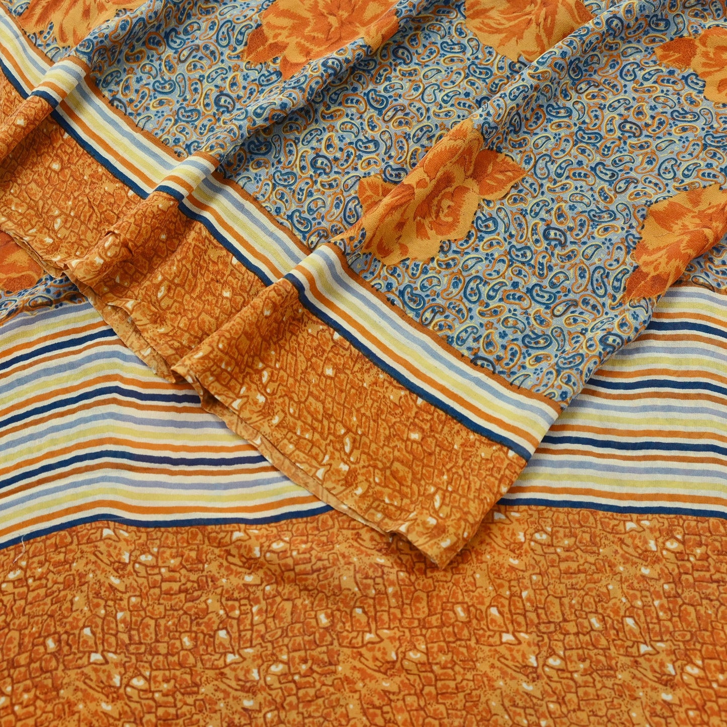 Indian Vintage Sari Saffron & Gray Pure Georgette Silk Printed Sarees Craft Fabric Sewing 5Yard Soft Light Dress Making Abstract
