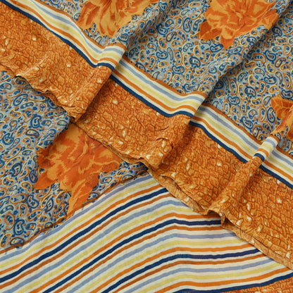 Indian Vintage Sari Saffron & Gray Pure Georgette Silk Printed Sarees Craft Fabric Sewing 5Yard Soft Light Dress Making Abstract